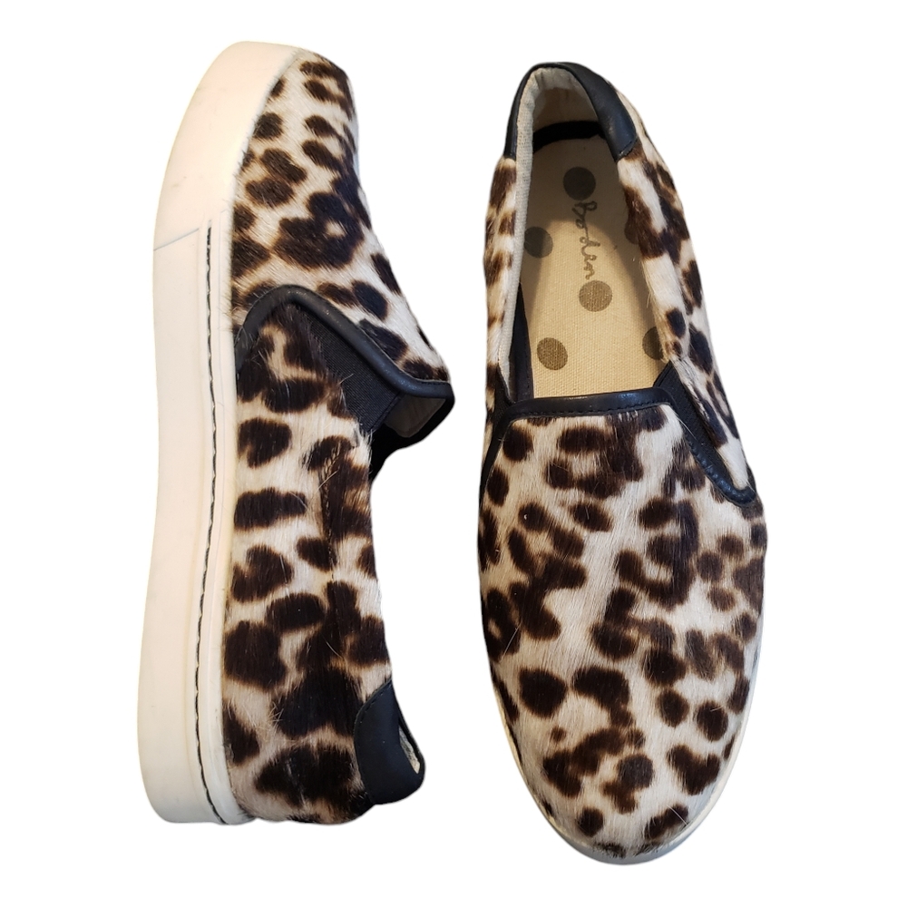 Boden Womens 7 Calf Fur Snow Leopard Slip On Trainer Sneaker Shoe Brown White